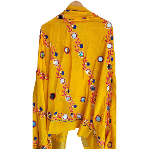 Handcrafted Purple Silk Dupatta with Gold Border, Floral Embroidered Mirror Work, Traditional Indian Scarf