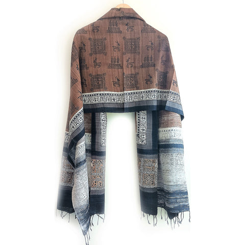 Bastar Tribal Art Kosa Silk Handloom Dupatta: Block Printed Fish Motifs, Deers, Trabal Culture