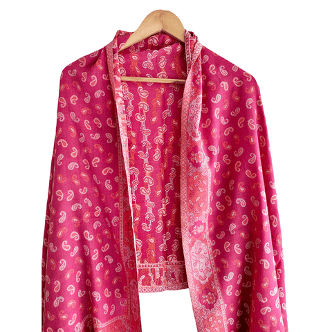 Fuchsia Paisley Delight: Embroidered Wool Stole