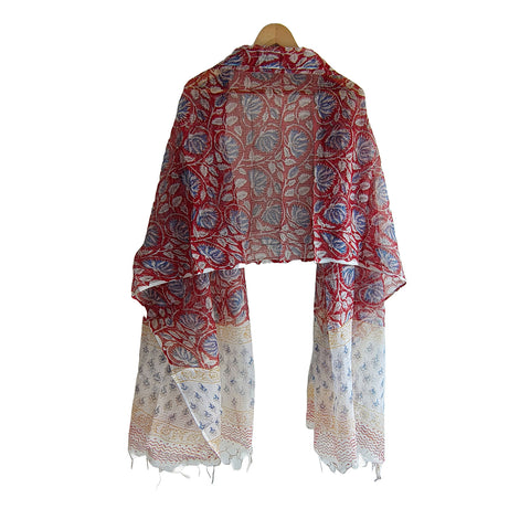 India Scarves Bagru Hand Block Floral kota Doria silk cotton Dupatta(Maroon Color)