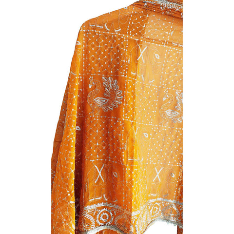 India Scarves Handcrafted Paisley Grid Dupatta in Georgette with Ornate Border Detailing(Mustard Color)