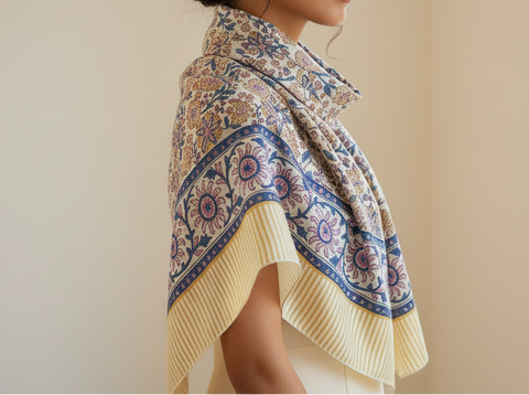 India Scarves Bagru Handblock Printed Cotton Square Scarf (Cream, Green)