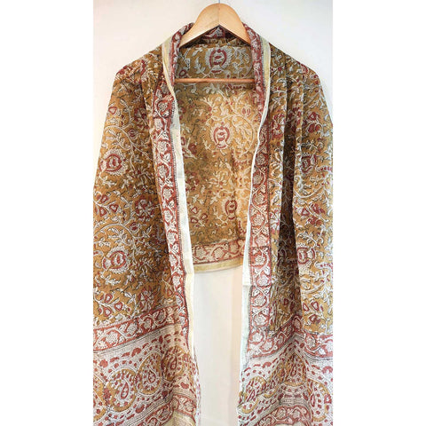 Indian Scarves Women's Kalamkari cotton dupatta with rainbow border Size 73x194 cm