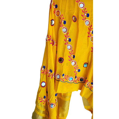 Handcrafted Purple Silk Dupatta with Gold Border, Floral Embroidered Mirror Work, Traditional Indian Scarf