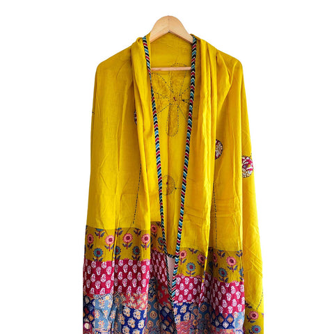 India Scarves Ajrakh Applique Patchwork Cotton Dupatta(Yellow Colore )