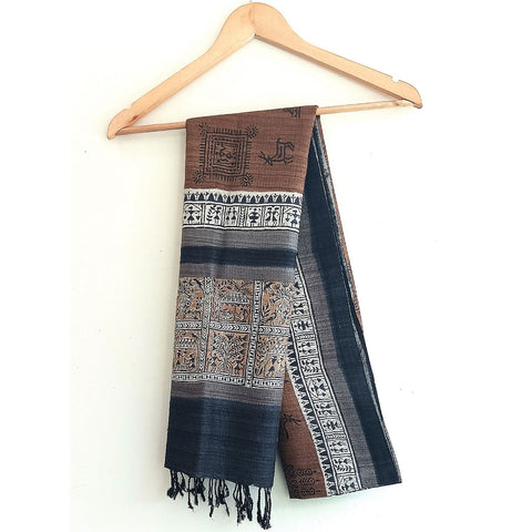 Bastar Tribal Art Kosa Silk Handloom Dupatta: Block Printed Fish Motifs, Deers, Trabal Culture