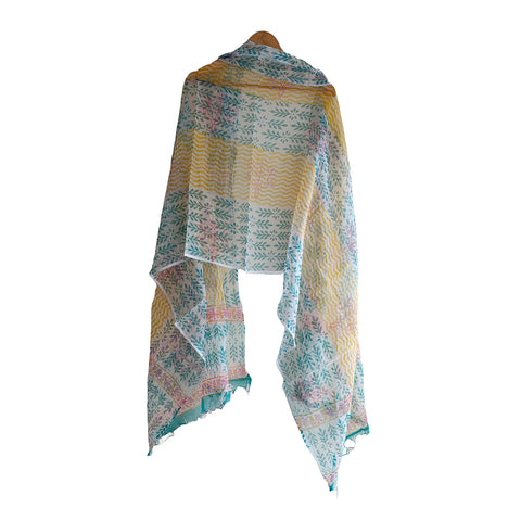 India Scarves Bagru Hand Block Floral kota Doria silk cotton Dupatta(Blue And Yellow)