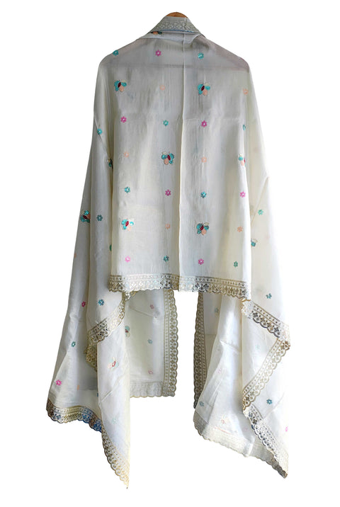 Hand-Embroidered Ivory Silk Dupatta with Multicoloured Floral Motifs and Silver Scalloped Border