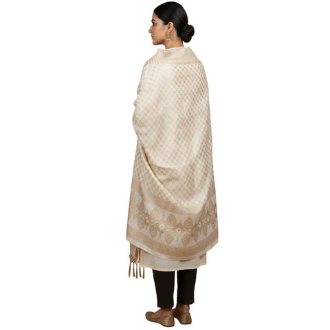 India scarves Banarasi Brocade with Floral Grid, Ornamental Border, and Tassel Finish