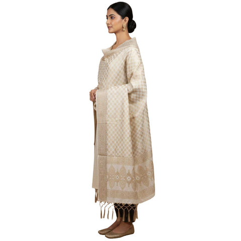 India scarves Banarasi Brocade with Floral Grid, Ornamental Border, and Tassel Finish