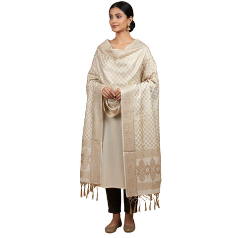 India scarves Banarasi Brocade with Floral Grid, Ornamental Border, and Tassel Finish