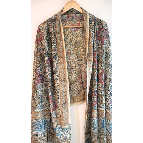 Indian Scarves Women's Kalamkari cotton dupatta with rainbow border Size 73x194 cm