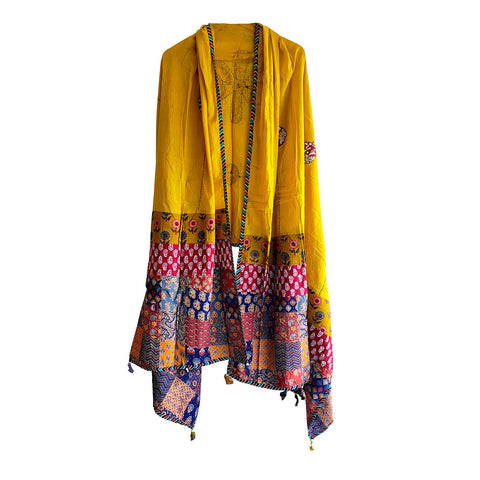 India Scarves Ajrakh Applique Patchwork Cotton Dupatta(Yellow Colore )