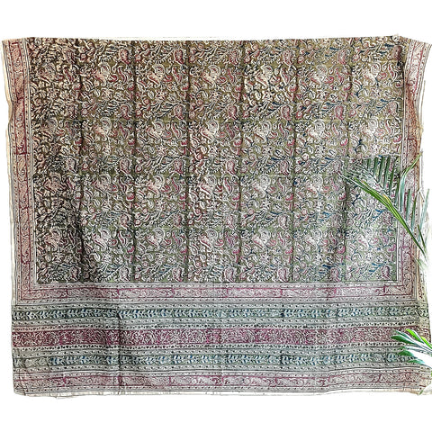 Kalamkari Hand Block Printed Cotton Green and Pink Stole