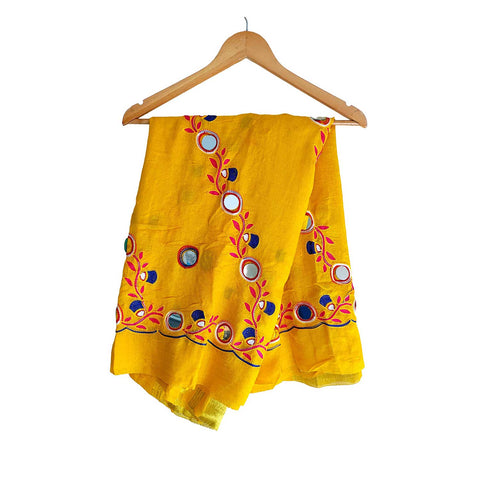Handcrafted Purple Silk Dupatta with Gold Border, Floral Embroidered Mirror Work, Traditional Indian Scarf