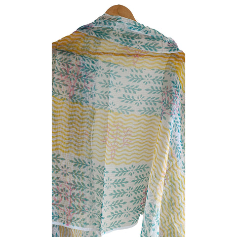 India Scarves Bagru Hand Block Floral kota Doria silk cotton Dupatta(Blue And Yellow)