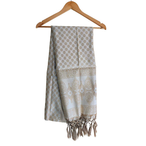 India scarves Banarasi Brocade with Floral Grid, Ornamental Border, and Tassel Finish