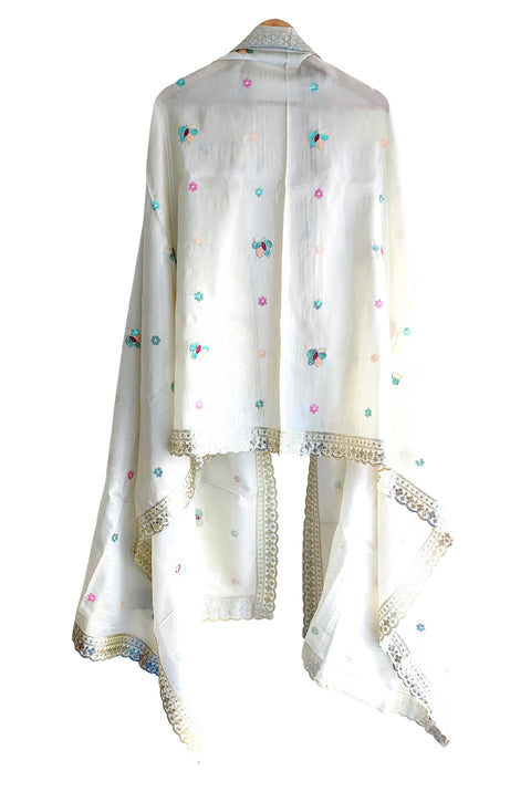 Hand-Embroidered Ivory Silk Dupatta with Multicoloured Floral Motifs and Silver Scalloped Border