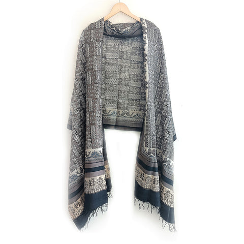 Women's Pure Kosa Silk Stole Adorned with Bastar Tribal Art Hand Paintings With Natural Color