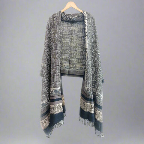 Bastar Tribal Art Kosa Silk Handloom Dupatta: Block Printed Fish Motifs, Deers, Trabal Culture