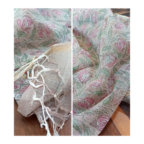 India Scarves Bagru Hand Block Floral Kota Doria Cotton Silk Peach and Pink Dupatta