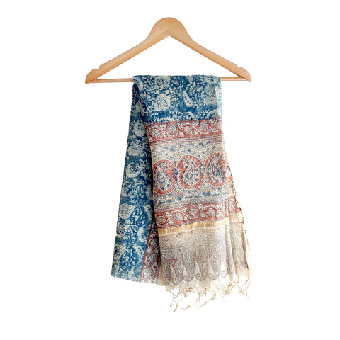 India Scarves Kota Doria Kalamkari Cotton Silk  Blue Colour Floral Dupatta