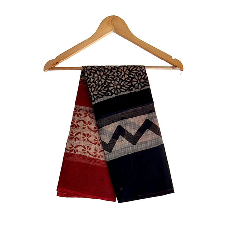 India Scarves Bagru Hand Block Floral kota Doria silk cotton Dupatta(Red And Black)