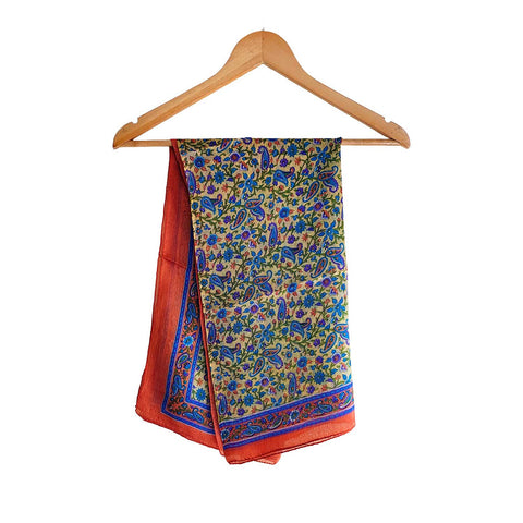 India Scarves Floral Paisley Print Silk Scarf, Light Weight Square Neck Wrap,  Border Pattern, 100x100 cm
