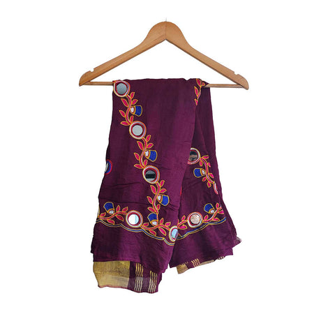 Handcrafted Purple Silk Dupatta with Gold Border, Floral Embroidered Mirror Work, Traditional Indian Scarf