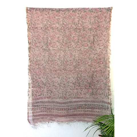 India Scarves Bagru Hand Block Floral Kota Doria Cotton Silk Peach and Pink Dupatta