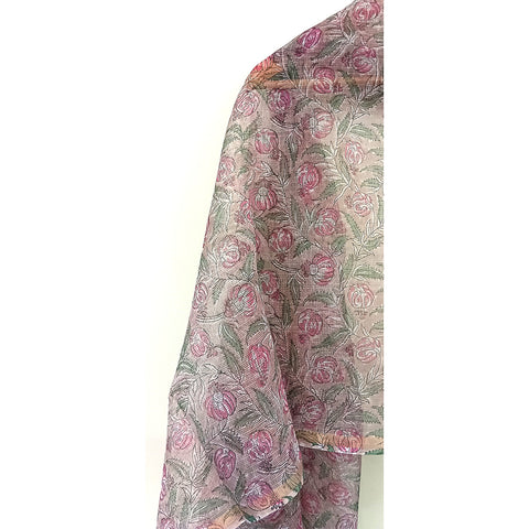 India Scarves Bagru Hand Block Floral Kota Doria Cotton Silk Peach and Pink Dupatta
