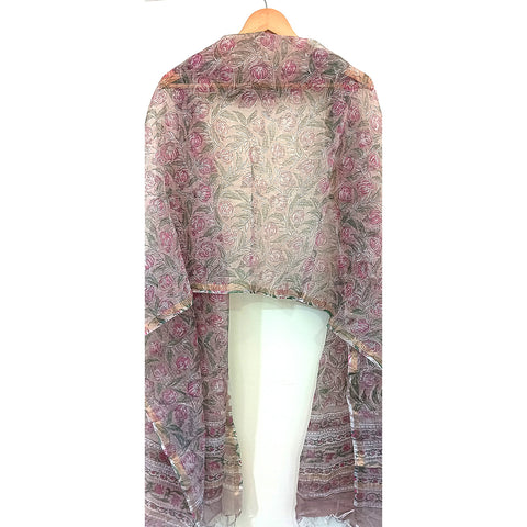 India Scarves Bagru Hand Block Floral Kota Doria Cotton Silk Peach and Pink Dupatta