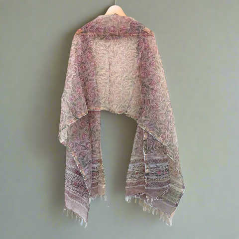 India Scarves Bagru Hand Block Floral Kota Doria Cotton Silk Peach and Pink Dupatta