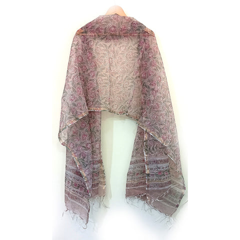 India Scarves Bagru Hand Block Floral Kota Doria Cotton Silk Peach and Pink Dupatta