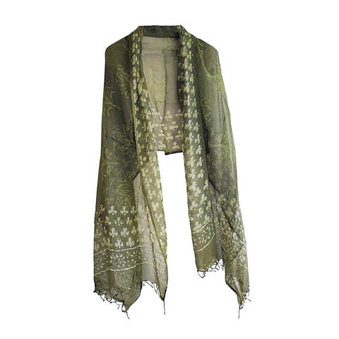 India Scarves Bagru Hand Block Floral Kota Doria Cotton Silk Floral Dupatta ( Green )