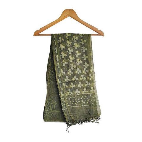 India Scarves Bagru Hand Block Floral Kota Doria Cotton Silk Floral Dupatta ( Green )