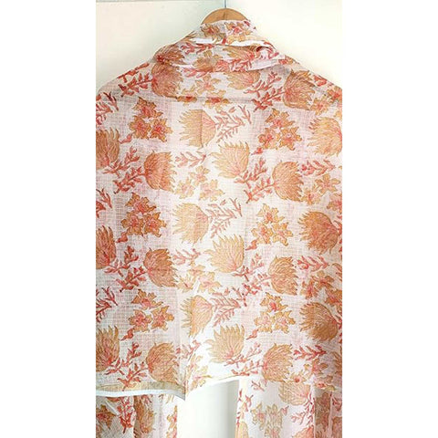 India Scarves Bagru Hand Block Floral Kota Doria Cotton Silk Floral Dupatta( Orange )