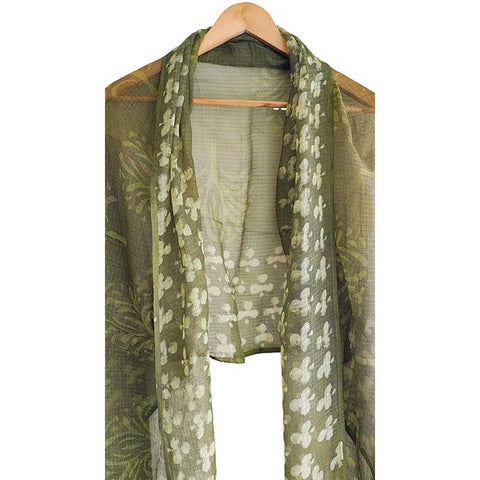 India Scarves Bagru Hand Block Floral Kota Doria Cotton Silk Floral Dupatta ( Green )