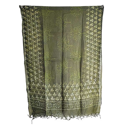 India Scarves Bagru Hand Block Floral Kota Doria Cotton Silk Floral Dupatta ( Green )