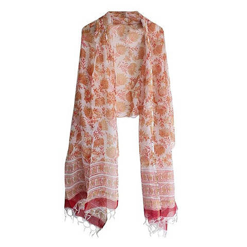 India Scarves Bagru Hand Block Floral Kota Doria Cotton Silk Floral Dupatta( Orange )