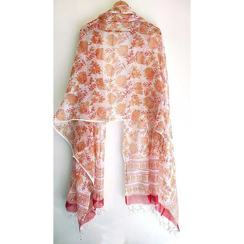 India Scarves Bagru Hand Block Floral Kota Doria Cotton Silk Floral Dupatta( Orange )