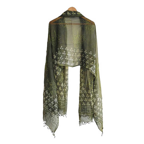 India Scarves Bagru Hand Block Floral Kota Doria Cotton Silk Floral Dupatta ( Green )