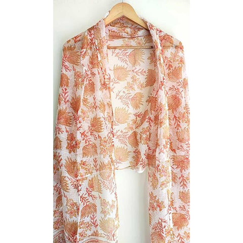 India Scarves Bagru Hand Block Floral Kota Doria Cotton Silk Floral Dupatta( Orange )