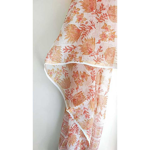 India Scarves Bagru Hand Block Floral Kota Doria Cotton Silk Floral Dupatta( Orange )