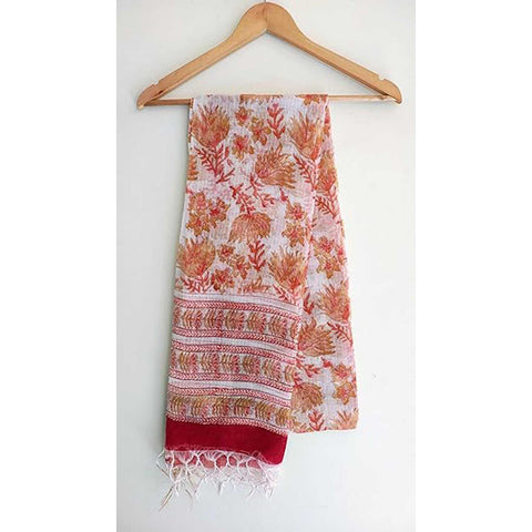 India Scarves Bagru Hand Block Floral Kota Doria Cotton Silk Floral Dupatta( Orange )