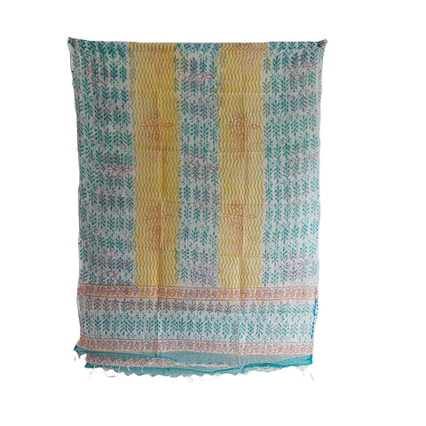 India Scarves Bagru Hand Block Floral kota Doria silk cotton Dupatta(Blue And Yellow)