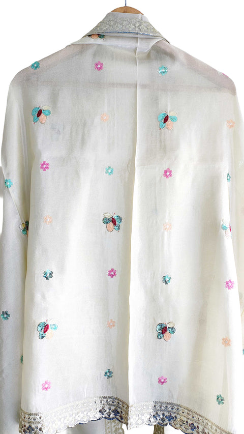 Hand-Embroidered Ivory Silk Dupatta with Multicoloured Floral Motifs and Silver Scalloped Border