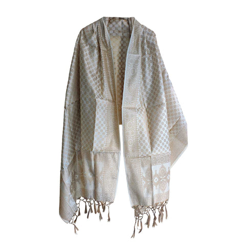 India scarves Banarasi Brocade with Floral Grid, Ornamental Border, and Tassel Finish