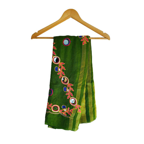 Handcrafted Purple Silk Dupatta with Gold Border, Floral Embroidered Mirror Work, Traditional Indian Scarf
