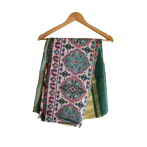 Semi Gaji Silk Floral Dupatta( White And Green color)